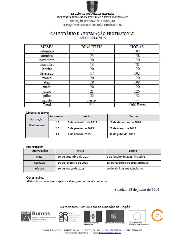 CALENDÁRIO DA FORMAÇÃO PROFISSIONAL STFP 2014-2015